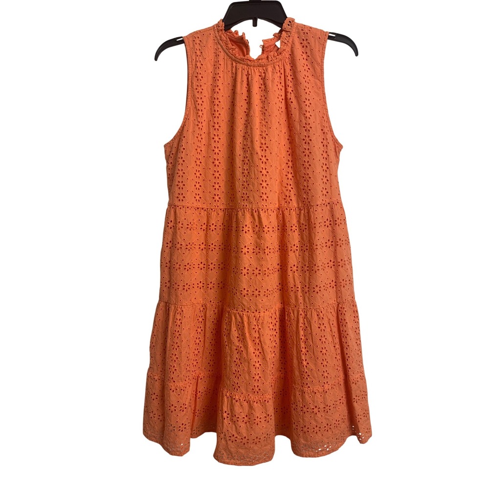 LOFT Orange Eyelet Tiered Sleeveless Ruffle Neck Cotton Mini Dress Large